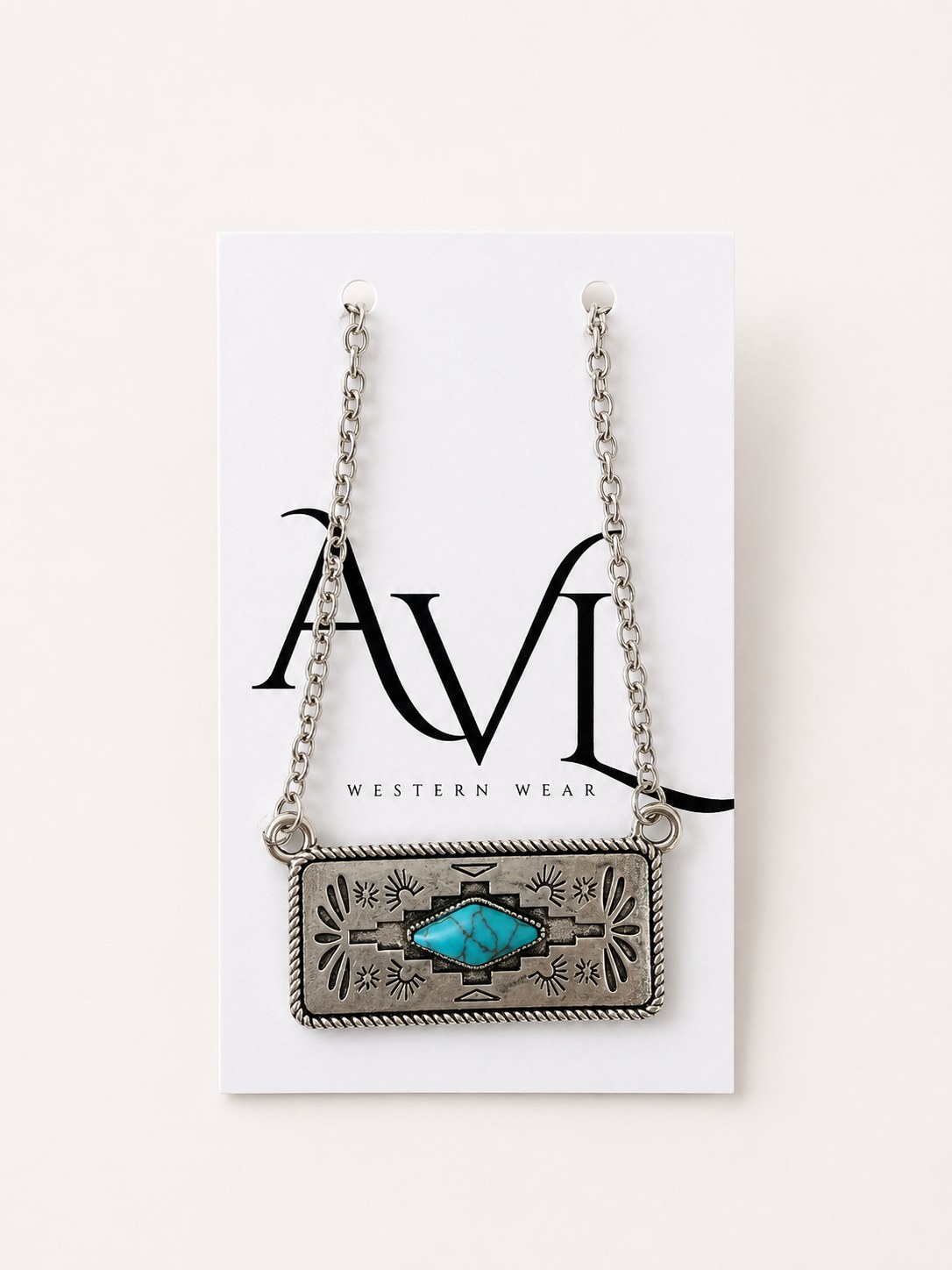 Boho silver turquoise necklace on AVL card