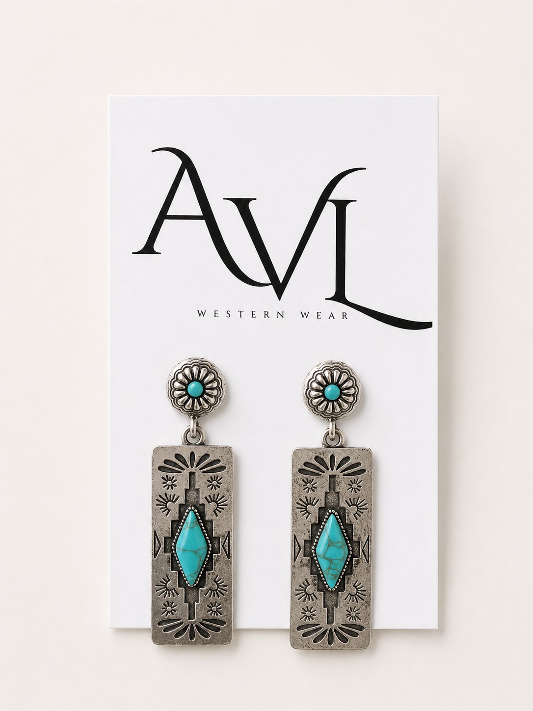 Boho turquoise Aztec long earrings on AVL card