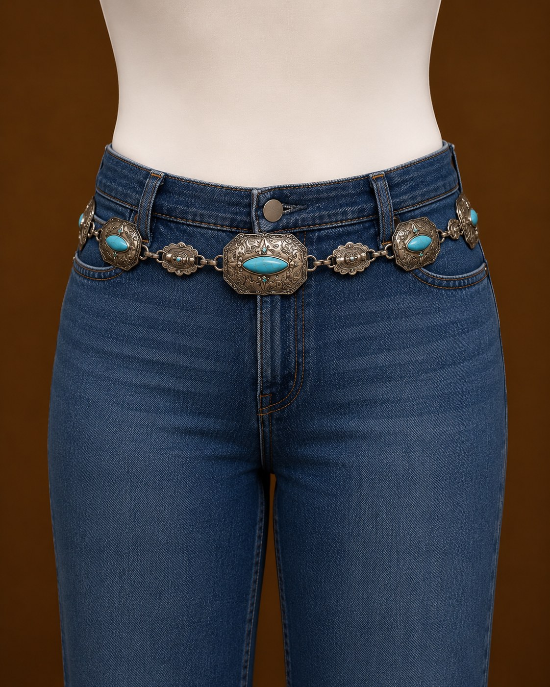 Bronze turquoise concho belt on jeans