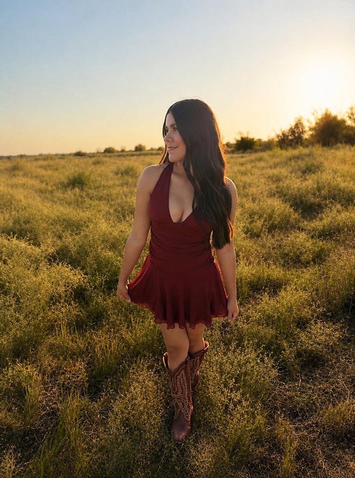 Burgundy halter mini dress with cowboy boots
