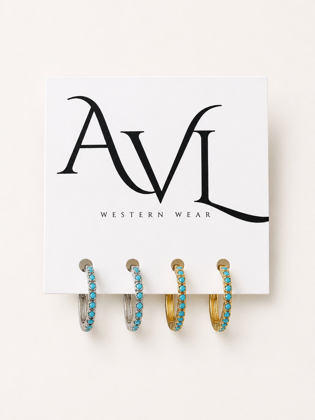 Gold and silver turquoise mini hoop earrings on AVL card