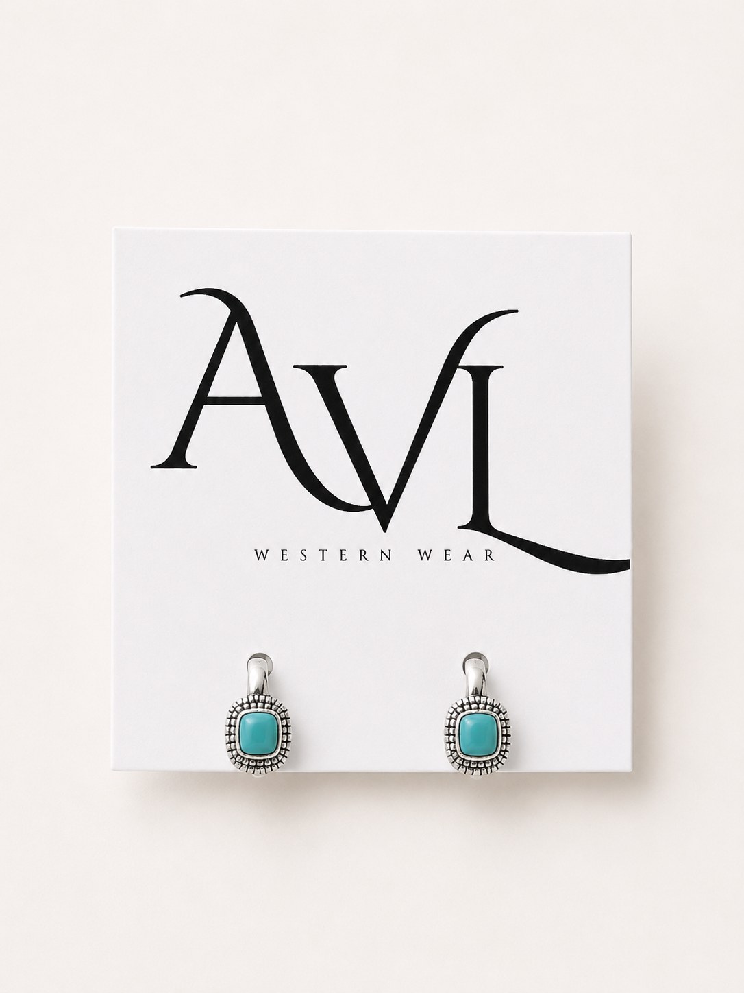 Mini turquoise chain hoop earrings on AVL card