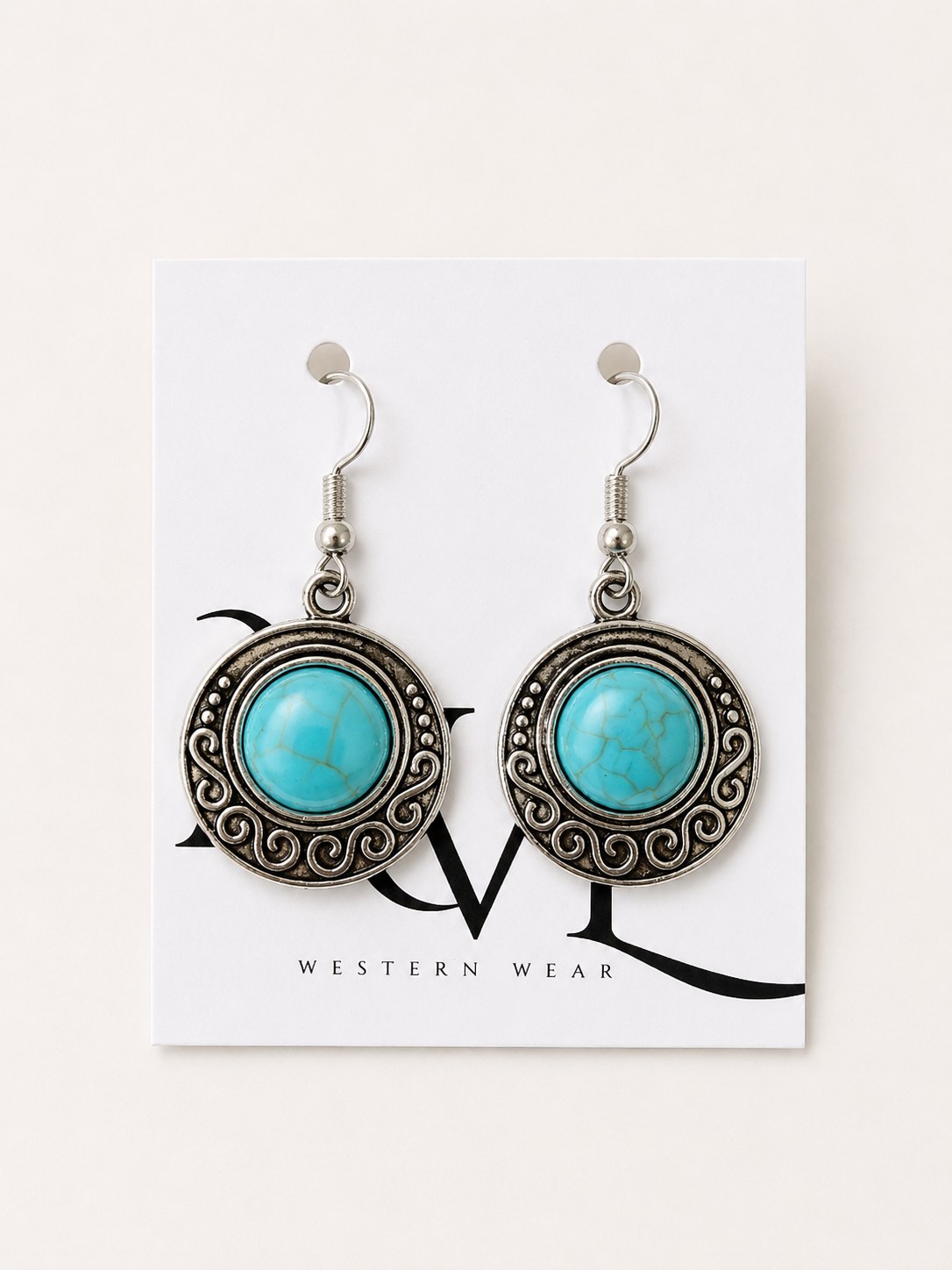 Round turquoise earrings on AVL card