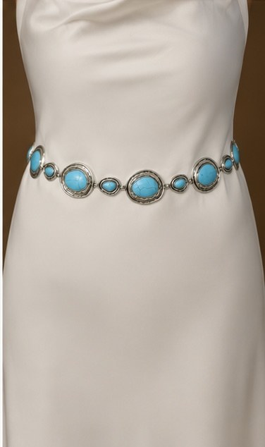 Turquoise stud silver belt on white dress