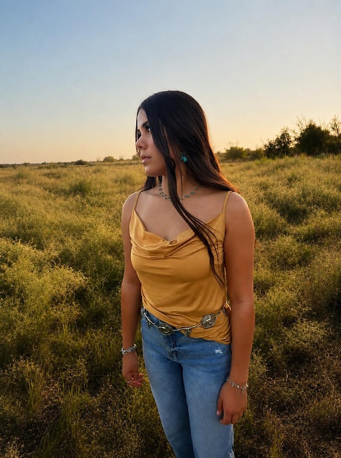 Yellow drape cowl neck top with concho belt